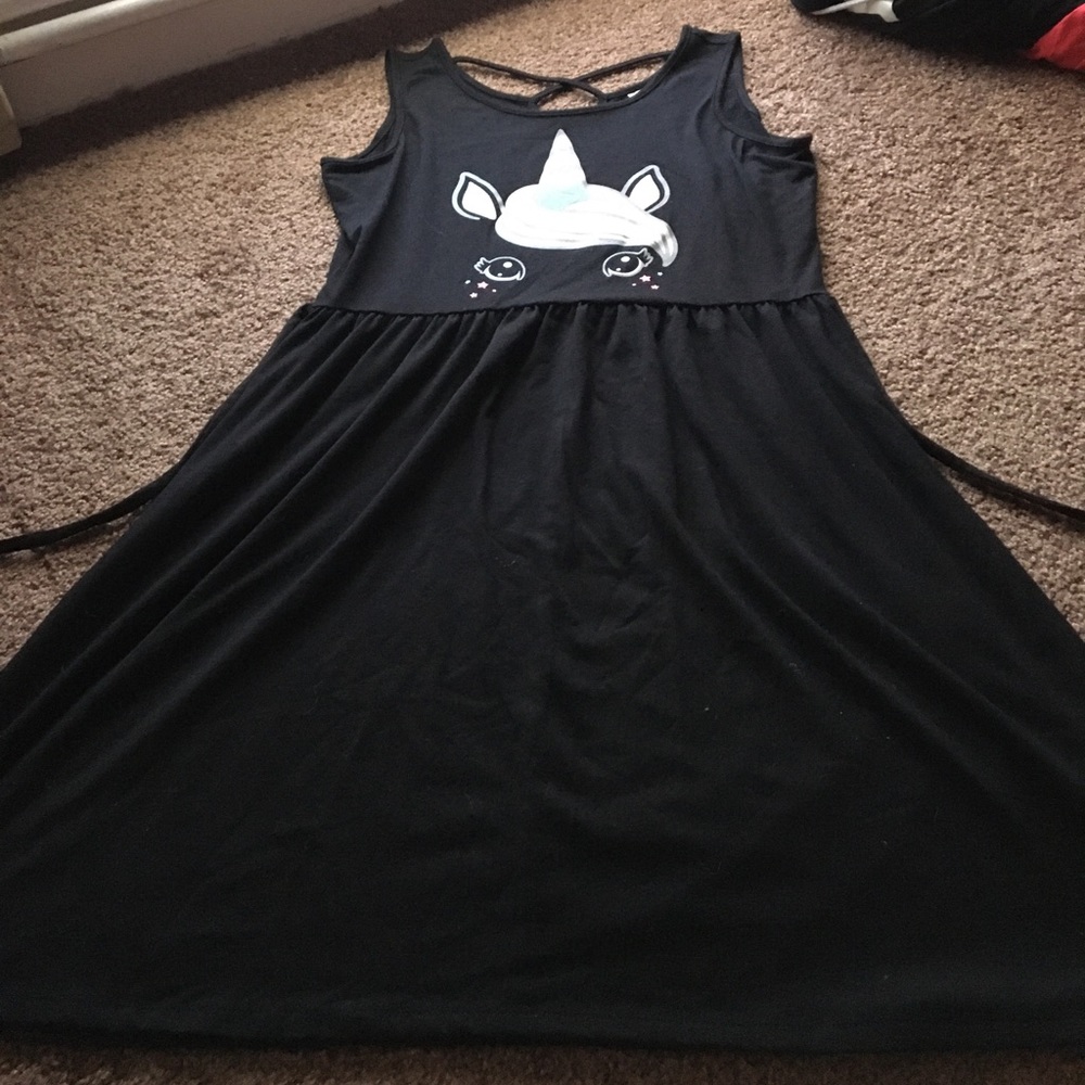 Justice black casual dress with unicorn face